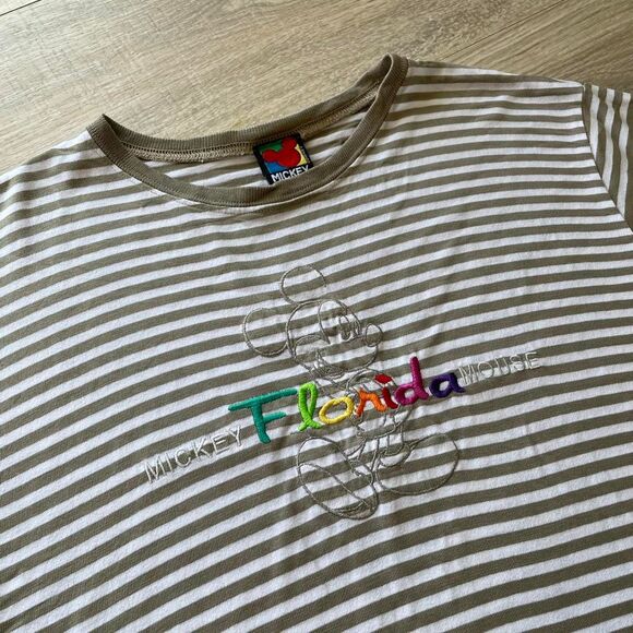 Disney Vintage Rainbow Embroidered Striped Tan & White Mickey Mouse Retro Indie - Picture 4 of 8